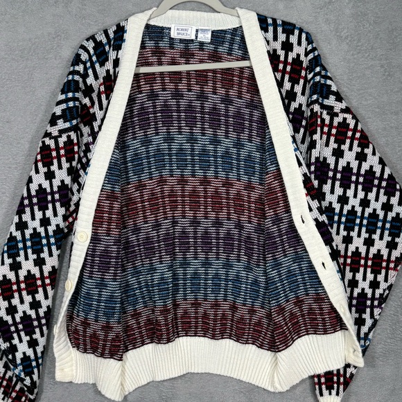 Robert Bruce VTG XL Geometric Knit Cardigan Sweater 80s Y2K Pattern Black White - Picture 6 of 15